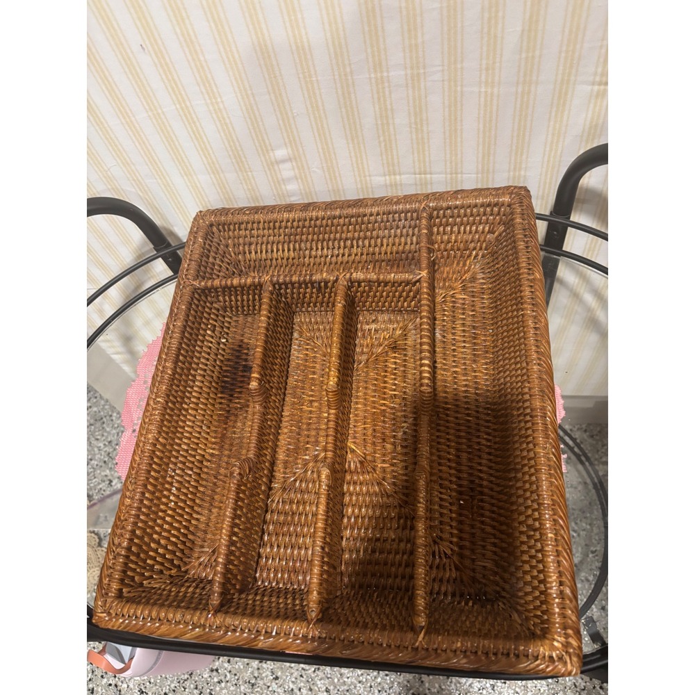 Woven Rattan Silverware Drawer Organizer Tray 5 Compartment Cutlery Holder 14x14